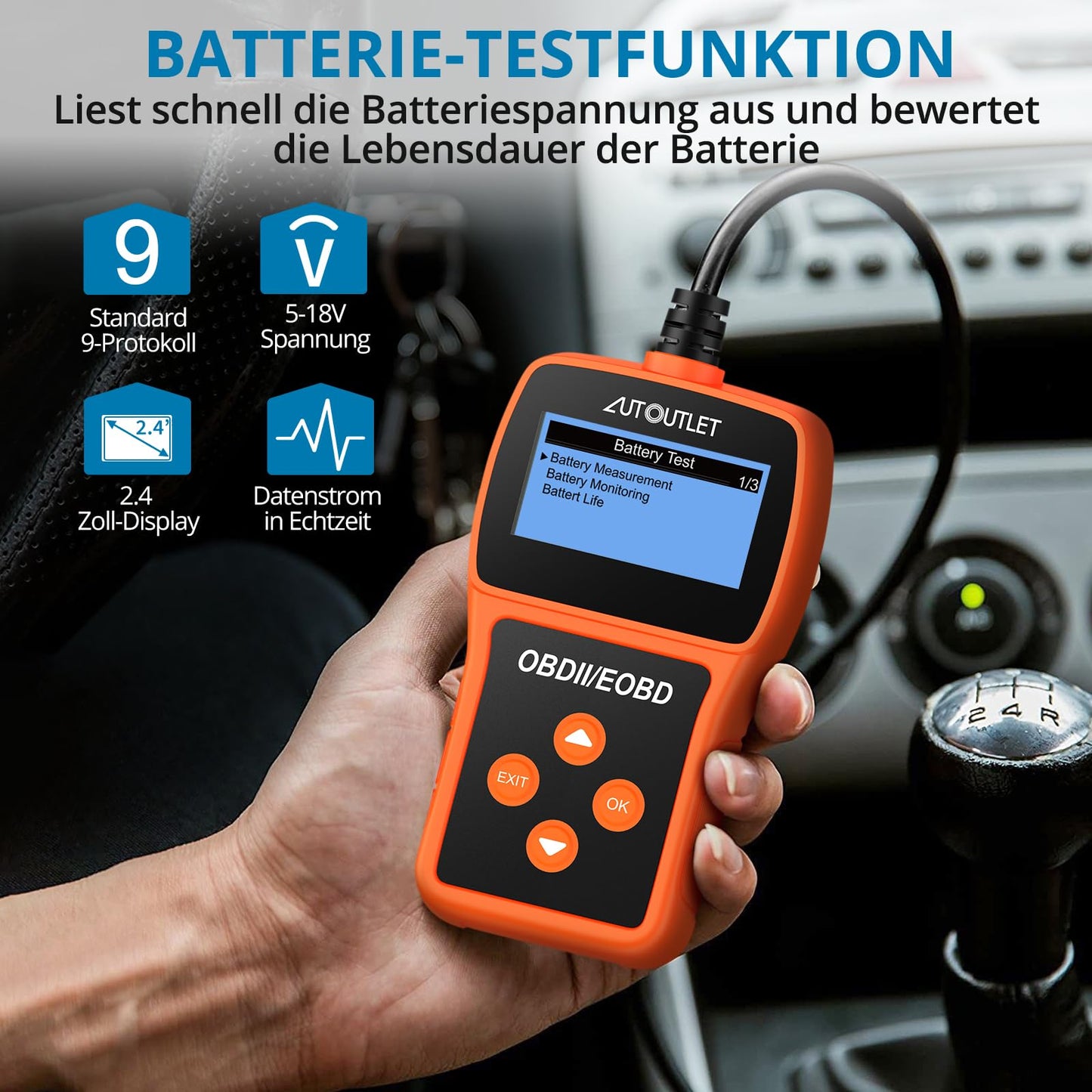 AUTOUTLET OBD2 diagnostic tool, car OBD2 scanner code reader with DTC definition, 10 languages, voltage detection and monitoring, automotive fault code reader.