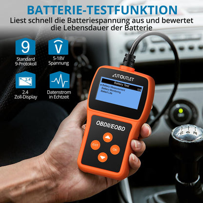 AUTOUTLET OBD2 diagnostic tool, car OBD2 scanner code reader with DTC definition, 10 languages, voltage detection and monitoring, automotive fault code reader.