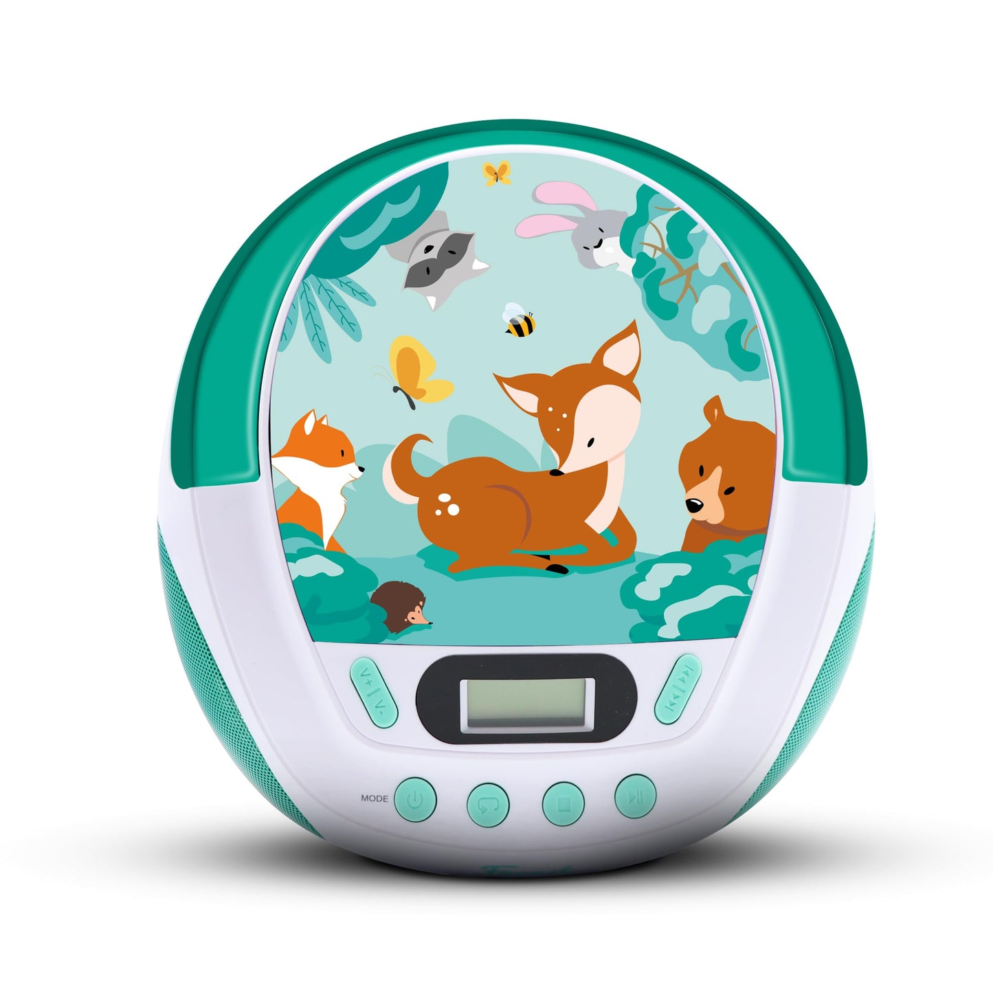 mooov 477147 CD player for kids with speakers, USB, headphone jack, AUX-IN port - Boombox CD player portable - AC or battery powered - Forest model - Green/White