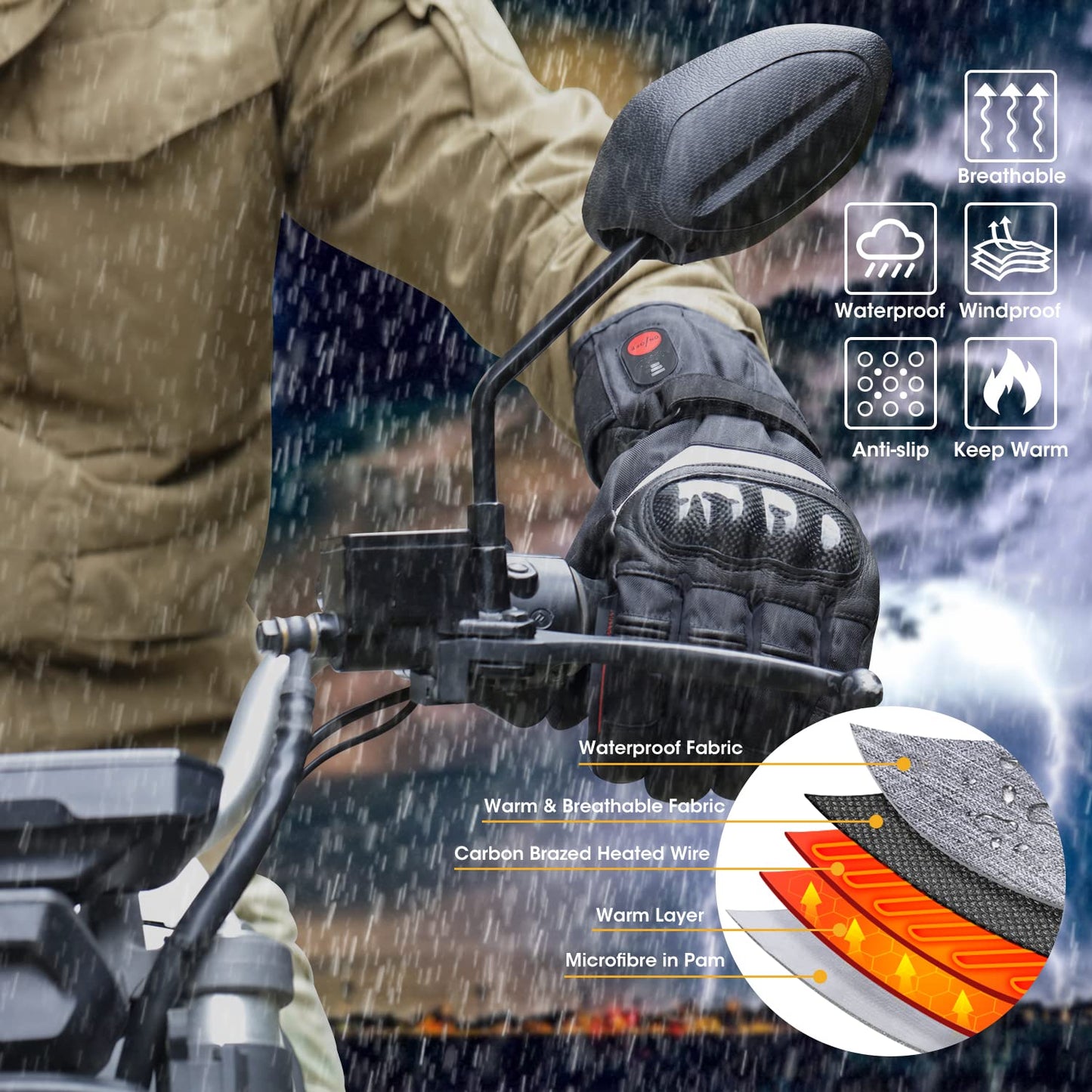 Heated gloves Rechargeable motorcycle gloves Waterproof cycling gloves Men Women Winter gloves for skiing, hunting, fishing, Raynaud's disease, arthritis M Black