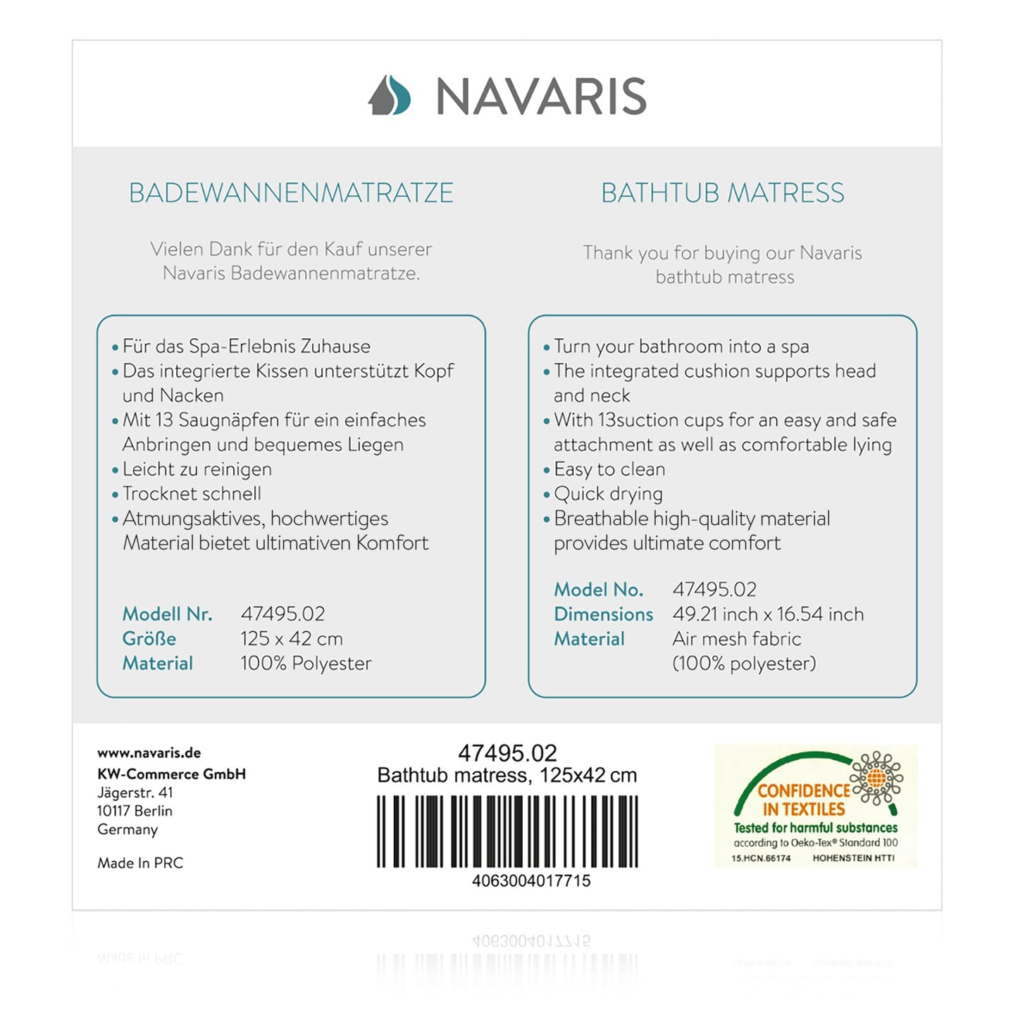 Navaris bathtub full body mat with pillow - 125x42cm mattress for bathtub tub pillow bathtub insert soft - mesh mat in white