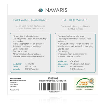 Navaris bathtub full body mat with pillow - 125x42cm mattress for bathtub tub pillow bathtub insert soft - mesh mat in white
