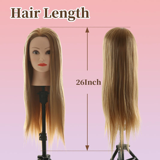 Mannequin Head Hairdresser Real Hair 100% Synthetic Hair Hairdresser Head Practice Head Hairdresser 26” Training Heads Doll Head Hairdresser Head With Stand + DIY Hair Set
