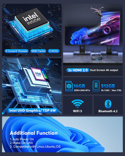 NiPoGi AK2 Plus Mini PC, Ιntel Alder Lake-N100 (up to 3.40 GHz, TDP 6 W), 16GB DDR4 512GB M.2 SSD Mini Desktop Computer, 2X HDMI, 4K UHD Dual Display Micro PC with VESA/RJ45/Dual WiFi