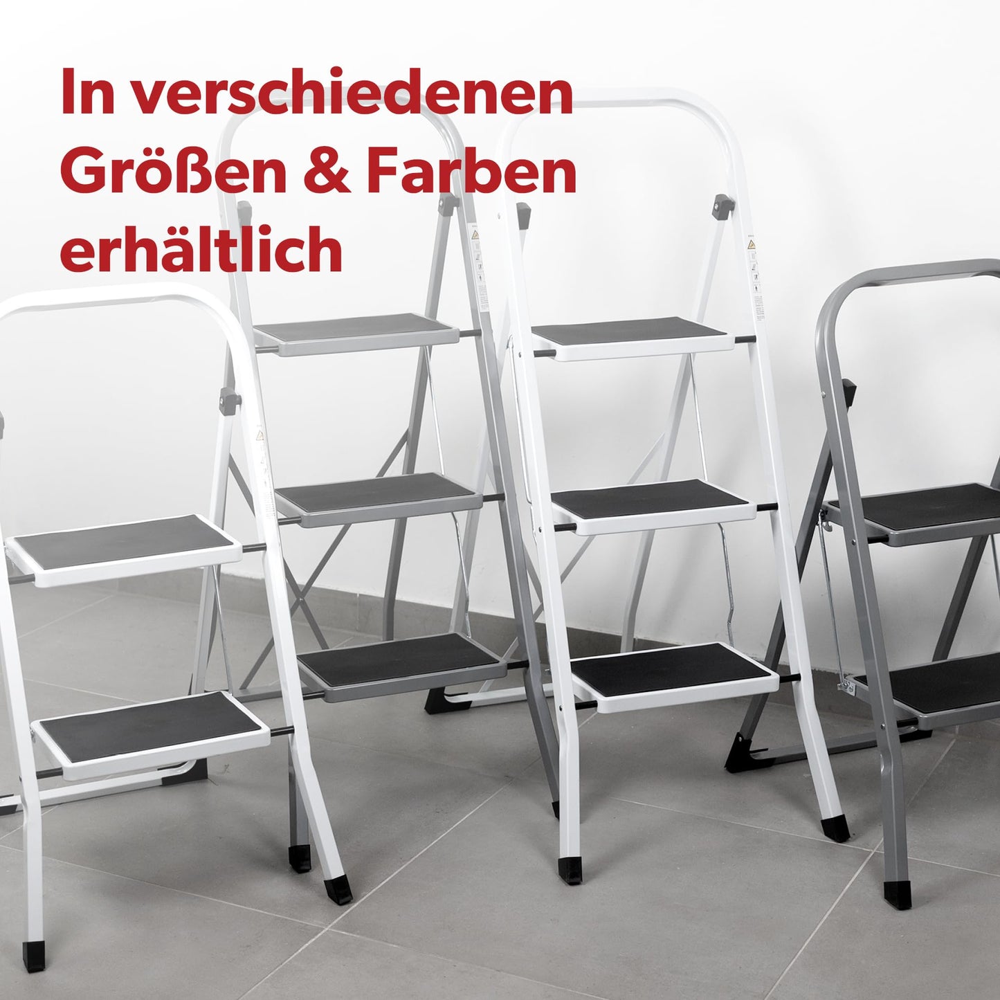 siwitec step ladder, foldable ladder with 3 steps, steel folding stool can hold up to 150 kg, foldable step stool, TÜV/GS certified, anthracite