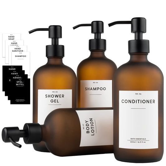 MONOKO 4-piece set soap dispenser Brown Matt made of glass | 500ml shampoo bottles for filling | Dish soap dispenser kitchen | Dispenser pump head stainless steel | Pump bottle + sticker