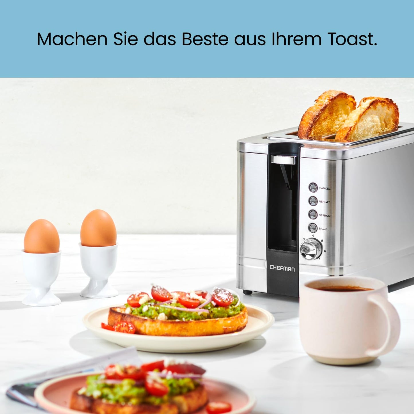 Chefman Stainless Steel 2-Slice Toaster with 7 browning settings, extra-wide slots for bagels, functions for defrosting/warming/stop, removable crumb tray, 925W, 240V, Silver.