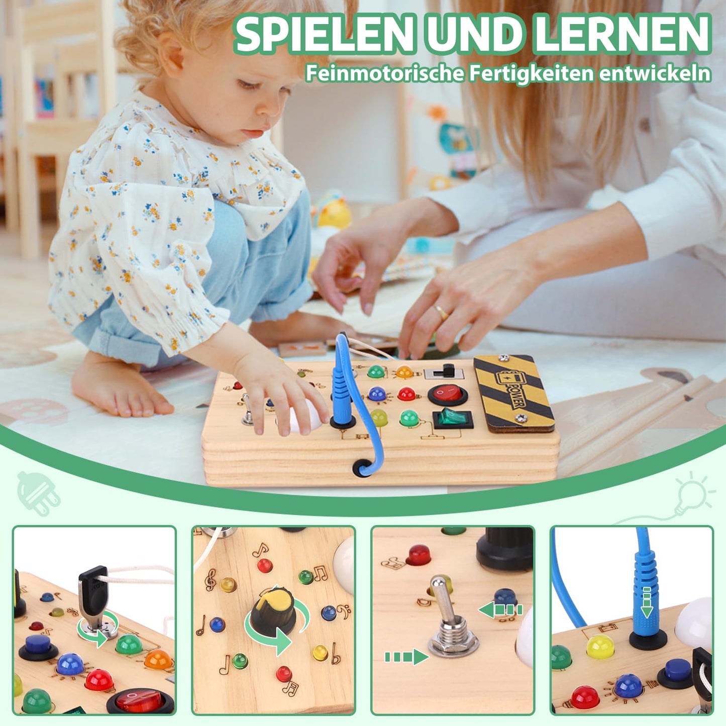Montessori Busy Board Activity Board for 1 year and up. Wooden toy with 15 LED light switch toys. Sensory learning toy for babies and toddlers ages 1-3.