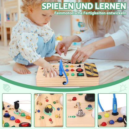 Montessori Busy Board Activity Board for 1 year and up. Wooden toy with 15 LED light switch toys. Sensory learning toy for babies and toddlers ages 1-3.