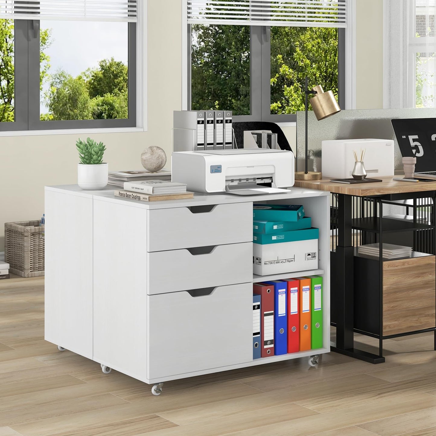 COSTWAY rolling container with 3 drawers, file cabinet with wheels and open compartments, printer stand, office cabinet for documents in DIN A4, letter format, legal format (white)