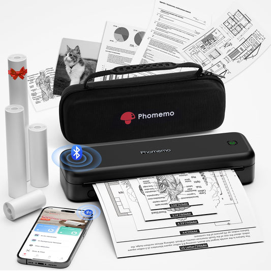 Phomemo M834 Thermal Printer A4, Mobile Printer A4 for on the go, office, school, home, Compatible with smartphones and computers, Portable Printer with carrying case and 4 rolls of thermal paper, Black