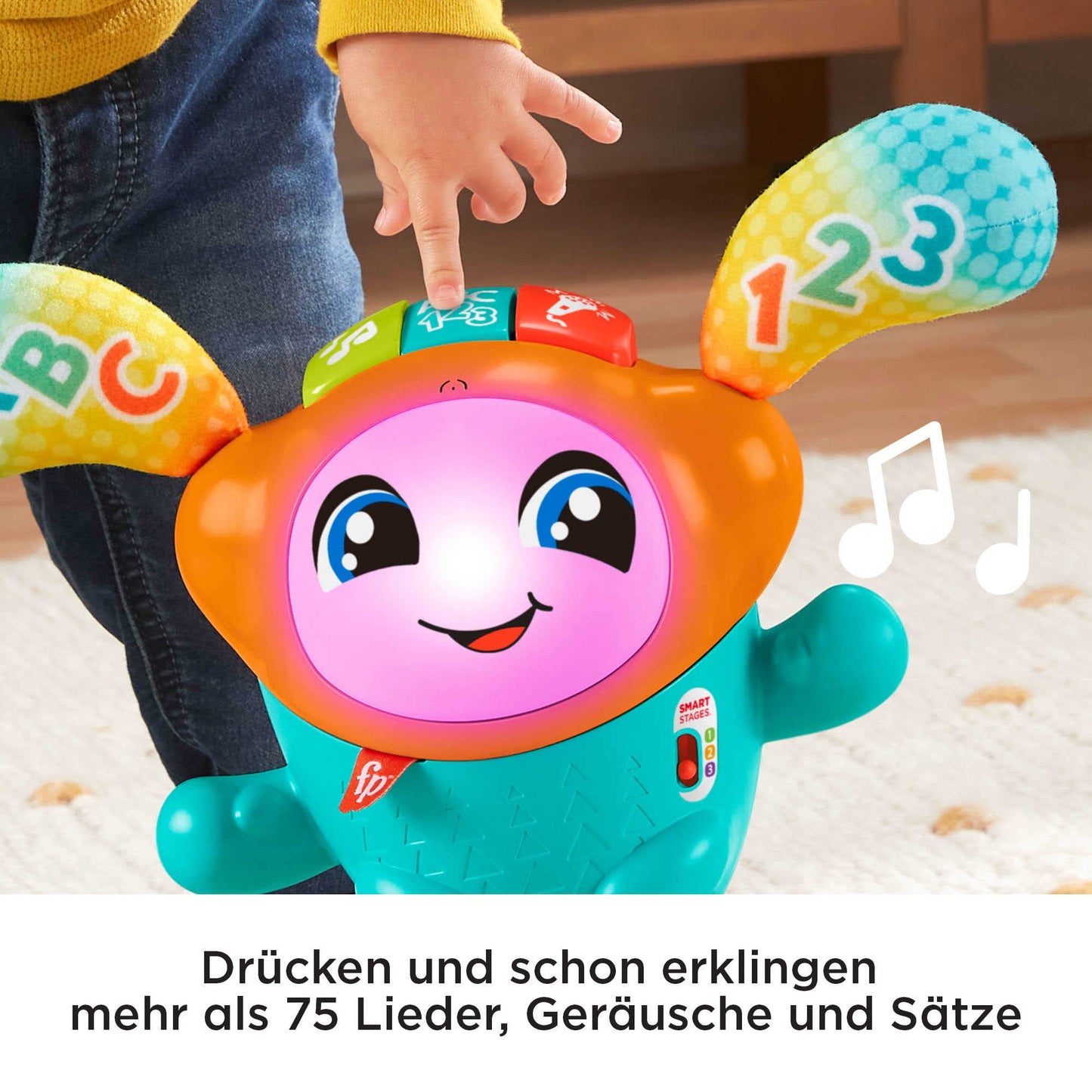 Fisher-Price, DJ Hüpfi, GERMAN Version, interactive learning toy for dancing, moving, and bouncing, with music and suspension, baby toy for children ages 9 months and up, HJP94.