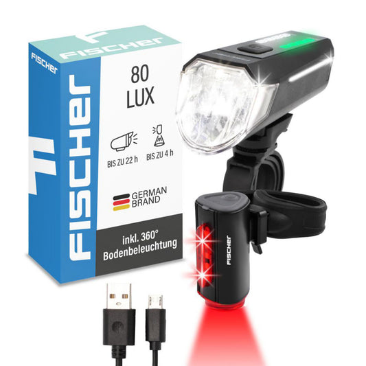 Fishing bicycle lighting set 80/40/20 lux, rechargeable light set Twin, front and 360° rear light, with battery and USB charging function, 3 lighting modes, splash protection according to IP44, approved by StVZO.