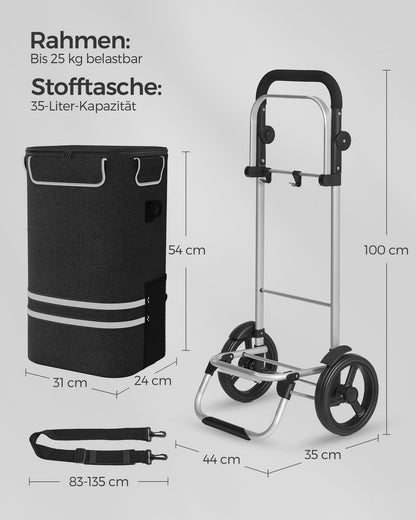 SONGMICS shopping trolley, cart, shopping cart with cooler compartment, large, 35 liters, foldable, shopping bag with wheels, detachable bag, black KST03BK