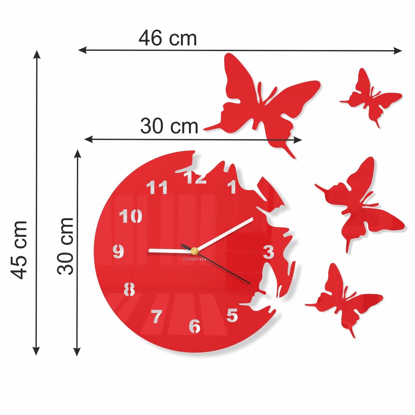 FLEXISTYLE z4c_3 Large Modern Wall Clock Butterfly Red round 30cm, 3D DIY, Living Room, Bedroom, Kids Room