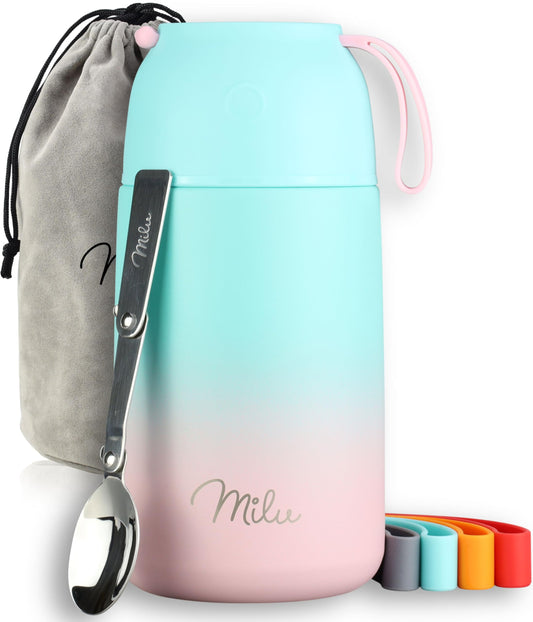 Milu® 800ml Stainless Steel Thermos Food Container, Thermo Lunchbox, Soup Container to-go, Thermal Box for keeping soup, baby food warm, meal container, portable baby food warmer, Mint Pink 800ml