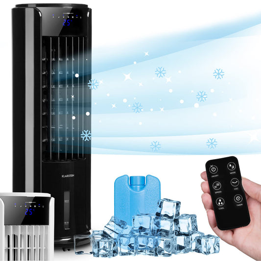 Klarstein air cooler with water cooling, 4-in-1 room cooler, humidifier, fan & night mode, portable air cooler with 3.5L tank & timer, 60W air cooler with 486 m³/h airflow.