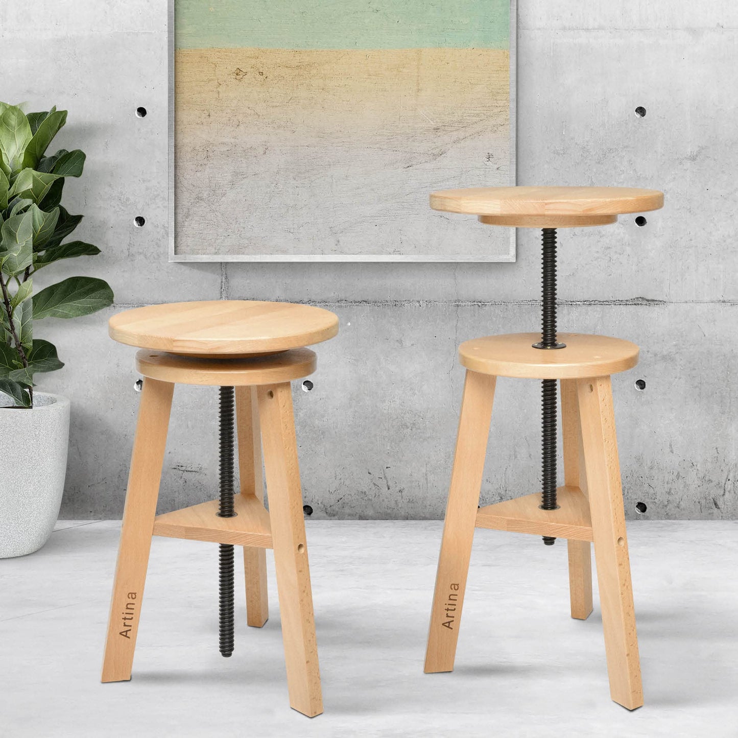 Artina Artist Stool Arles Ø 30 cm Seat Swivel Stool Wood Adjustable Height 48-66cm - Artist Stool round 360 degrees swivel & sturdy, Beech Wood, Artist Swivel Chair & Workshop Stool