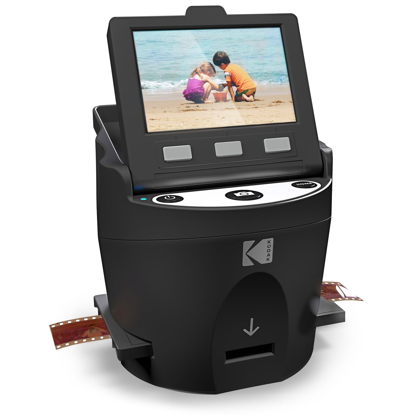 KODAK Digital Film Scanner converts negatives and film slides in 35mm, 126, 110, Super 8, and 8mm to JPEG. Features large tiltable 3.5-inch LCD display and EasyLoad films. RODFS35 Black.