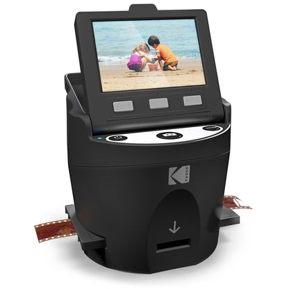 KODAK Digital Film Scanner converts negatives and film slides in 35mm, 126, 110, Super 8, and 8mm to JPEG. Features large tiltable 3.5-inch LCD display and EasyLoad films. RODFS35 Black.