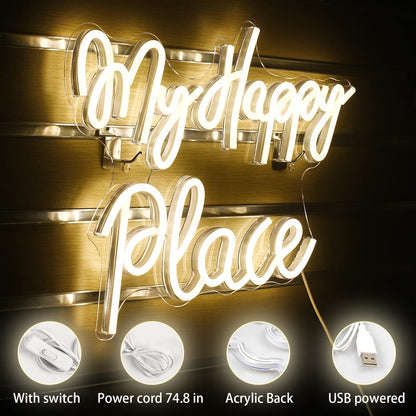My happy place neon sign. Warm white neon sign for wall decor. Neon light script with USB powered for bedroom, playroom, bar, party, birthday.