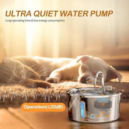 TOMXCUTE Cat Fountain Stainless Steel with Window, 3.2L Water Tap Drinking Fountain for Cats Terriers, Cat Drinking Fountain Dishwasher Safe, Quiet Pump, Double Filter Hygienic