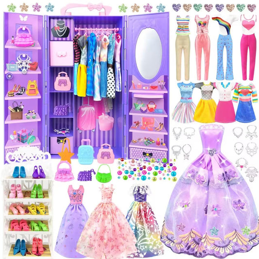 75 pieces of clothing for dolls wardrobe Clothes Jewelry Accessories for 11.5 inch doll Girl doll Dresses with wedding gown Tops Pants Shoes Hangers Bags Gift Toy for girls
