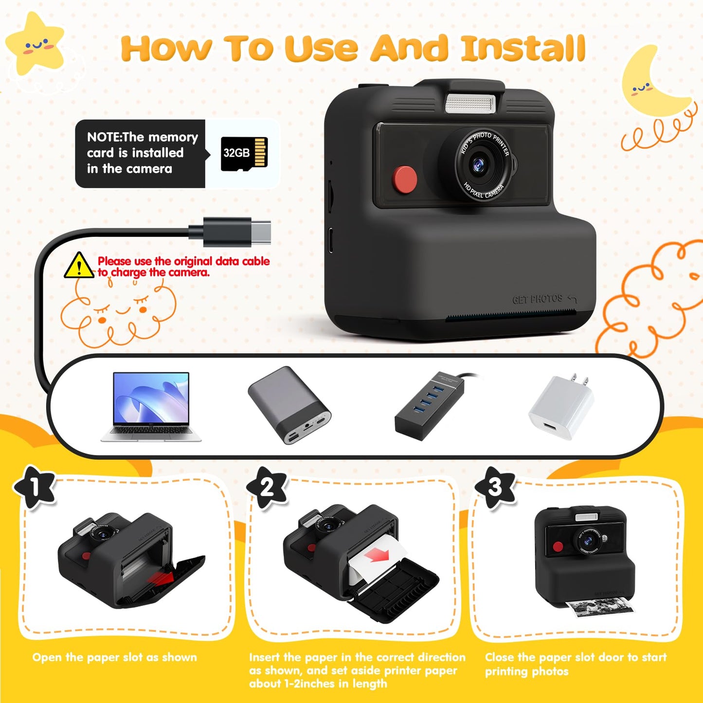 CAMCLID instant camera for kids, 3.0 inch screen kids camera instant camera, 48MP/1080P kids camera instant print with 32GB card, toy gift for boys and girls age 3-12 (black)