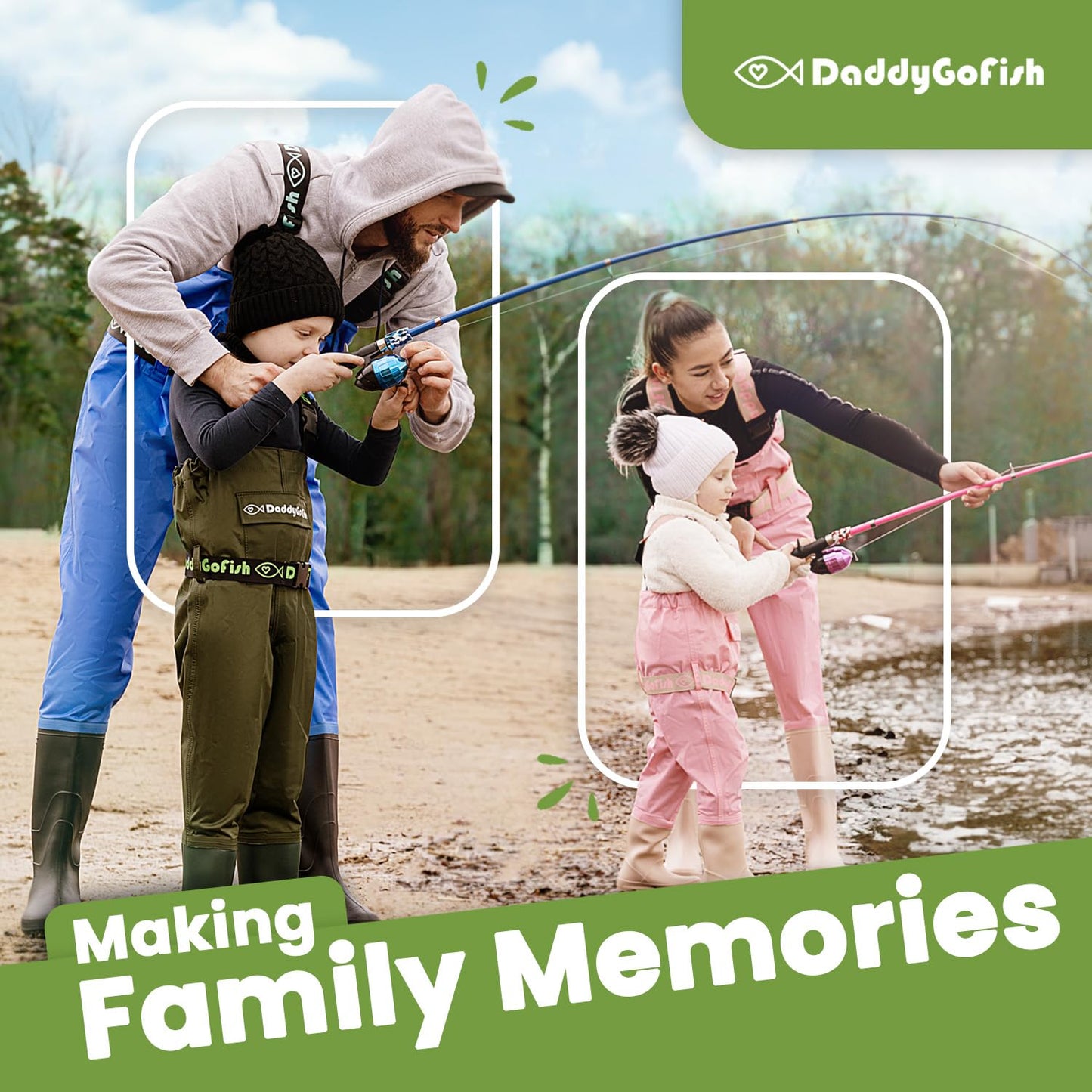 DaddyGoFish Kids Fishing Kit - Telescopic Rod & Reel Combo with Folding Chair, Rod Holder, Tackle Box, Bait Net, and Carry Bag for Boys and Girls - Green, 5ft