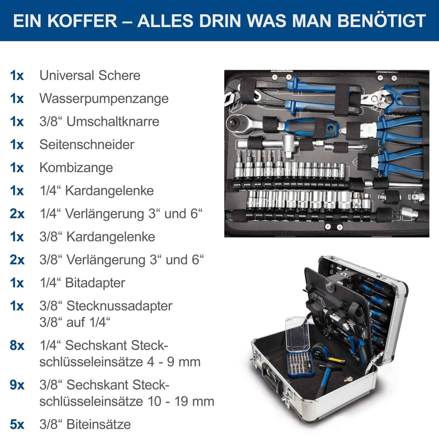 Scheppach TB150 Aluminum Tool Box filled with 101-piece Tool Set | Workshop case with wrench, hammer, pliers, screwdriver, and common tools, Ideal for workshop & household.