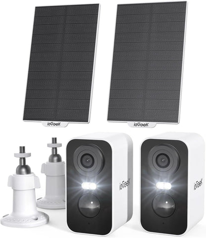ieGeek 2K (Type-C) Outdoor Security Camera with Solar Panels, 5200mAh Battery Wireless Camera, WiFi Outdoor Surveillance Camera, PIR Motion Detection, 2-Way Audio, Alexa Compatible, Black, 2Pcs, IP65-White