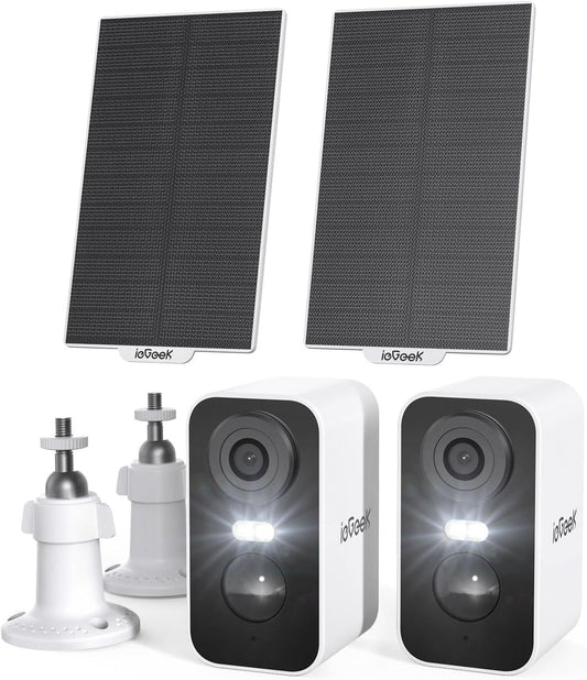 ieGeek 2K (Type-C) Outdoor Security Camera with Solar Panels, 5200mAh Battery Wireless Camera, WiFi Outdoor Surveillance Camera, PIR Motion Detection, 2-Way Audio, Alexa Compatible, Black, 2Pcs, IP65-White