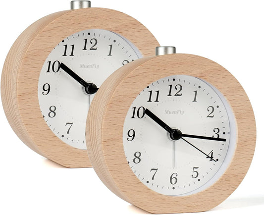 Analog alarm clock without ticking, set of 2 wood alarm clocks with snooze, battery operated retro table clock with night light for bedroom, night kids, and office (1xAA battery required)