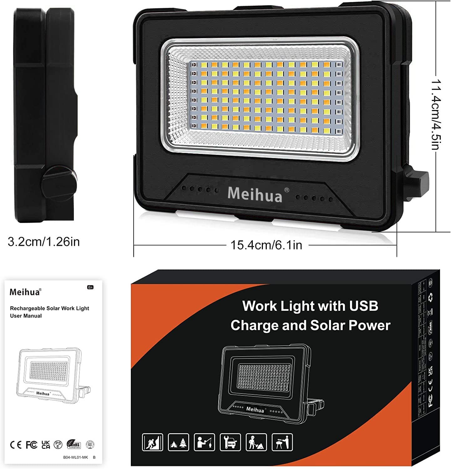 MEIHUA 60W LED Work Light Battery Powered 12000mAh LED Construction Light Waterproof Portable USB Rechargeable Solar Camping Lamp 4 Light Modes 5 Brightness Levels for Construction Site, Workshop, Camping, Emergency