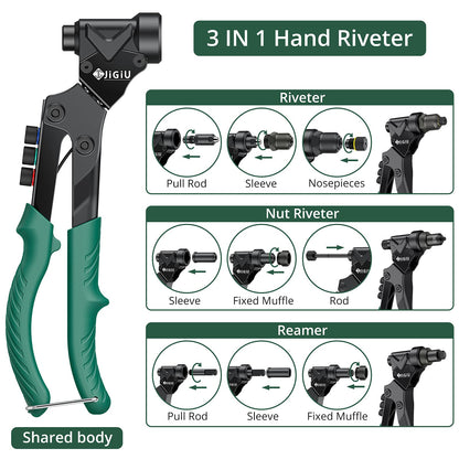 JiGiU Rivet Nut Tool 360° Rotating Head 3 IN 1 Rivet Nut Gun Rivet Tool Kit with 4 Metric Mandrels M3-M6, 4 Nosepieces 2.4-4.8mm, 2 Rivet Drills Riveting Tools Rivet Set All in Box (40 Nuts & 40 Rivets)