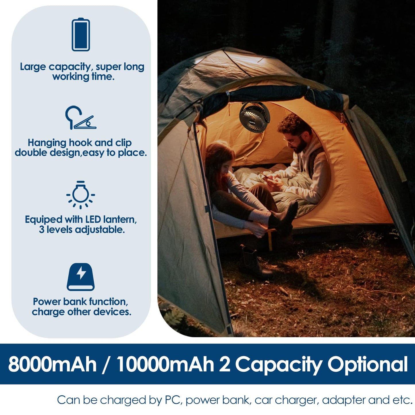 Simpeak 8000mAh Camping Fan Desk Fan, Mini USB Fan Quiet, Clip Fan with Remote Control and LED Light [3 Speed] [720° Rotation] - Black