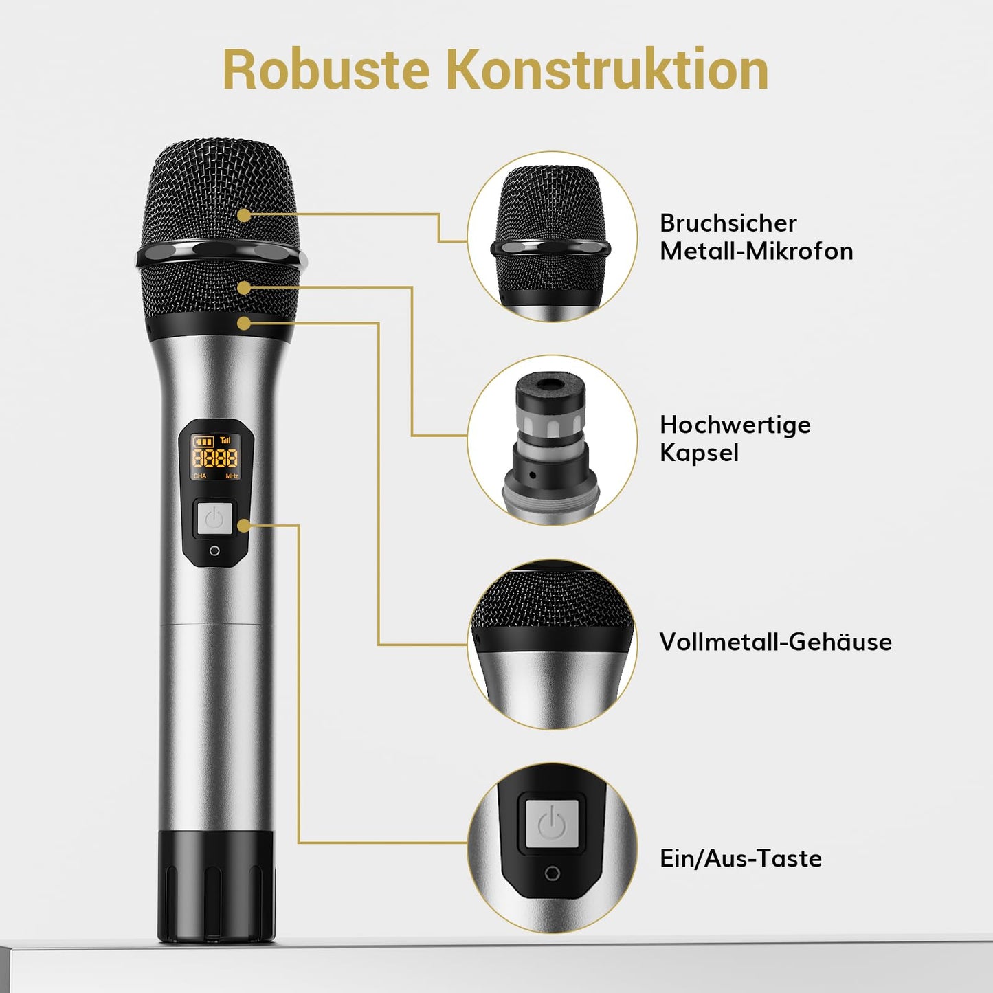 TONOR Wireless UHF Professional Dynamic Dual Wireless Microphone, Handheld Microphone System, Home KTV Set for Karaoke, Party, DJ, Church, Wedding, Meeting, 60 Meters, TW820, Silver