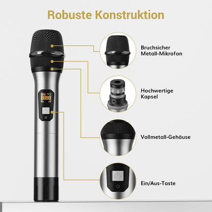 TONOR Wireless UHF Professional Dynamic Dual Wireless Microphone, Handheld Microphone System, Home KTV Set for Karaoke, Party, DJ, Church, Wedding, Meeting, 60 Meters, TW820, Silver