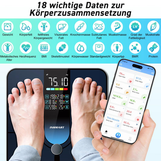 INSMART Smart scale, 227KG/500lb 30x30cm Digital Bathroom Scale, Body Fat Scale with APP/Bluetooth/Full-surface Sensor, 18 Measurement Data for BMI, Weight, Body Fat, Heart Rate, Muscle Mass