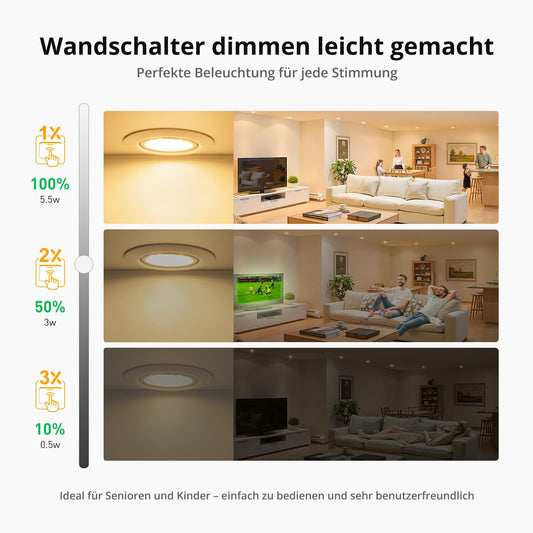 BOJIM LED spots 230V flat dimmable, recessed lights LED warm white 5.5W 68mm - 80mm cutout size, ceiling spots adjustable for kitchen living room bathroom, set of 10.