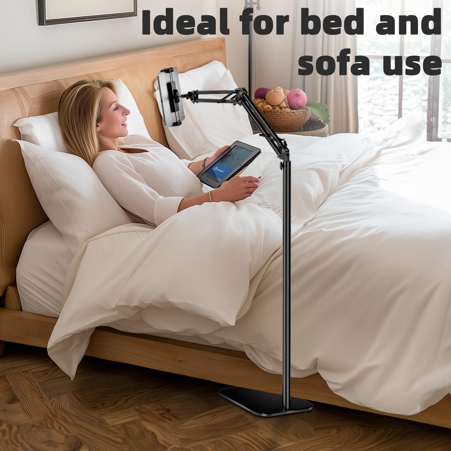 BluuSuuk Tablet Floor Stand with Adjustable Foldable Tablet Arm, Tablet Holder for iPad iPhone iPad Air Mini Kindle Samsung Tab or other 4.7-12.9 inch phones or tablets - Black