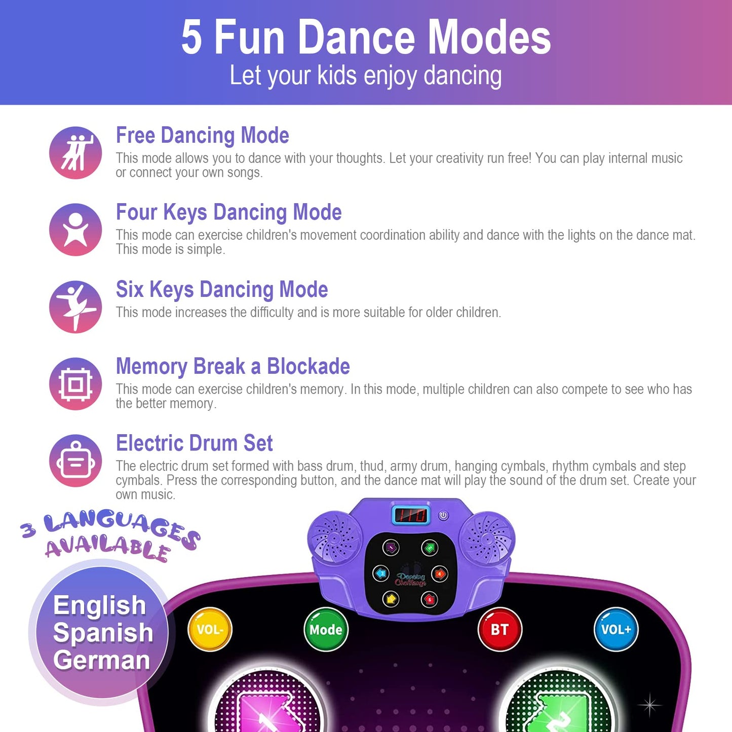 Aucrsozk Kids Dance Mats for 3 4 5 6 7 8+ Years Old with Bluetooth, Music Dance Mat with 6 LED Light Arrows for Girls, Electronic Dance Mat Toys with Anti-Slip Material.