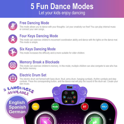 Aucrsozk Kids Dance Mats for 3 4 5 6 7 8+ Years Old with Bluetooth, Music Dance Mat with 6 LED Light Arrows for Girls, Electronic Dance Mat Toys with Anti-Slip Material.