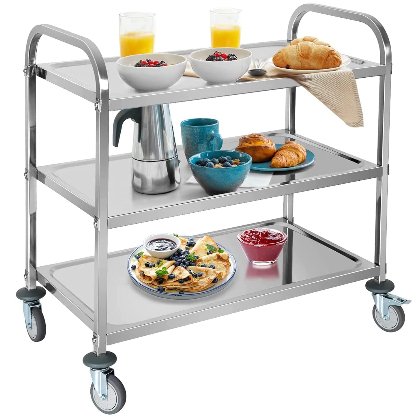 ybaymy Stainless Steel Serving Cart 3 Shelves Kitchen Trolley Stainless Steel Cart with Wheels Kitchen Cart on Wheels with Stainless Steel 95 x 50 x 95cm Food Cart, Capacity 240kg