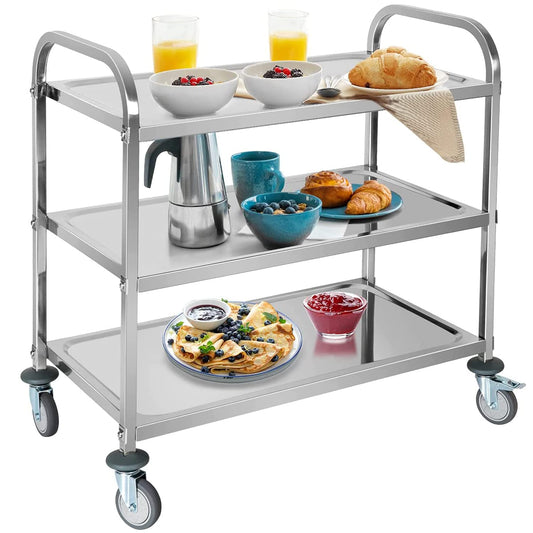 ybaymy Stainless Steel Serving Cart 3 Shelves Kitchen Trolley Stainless Steel Cart with Wheels Kitchen Cart on Wheels with Stainless Steel 95 x 50 x 95cm Food Cart, Capacity 240kg