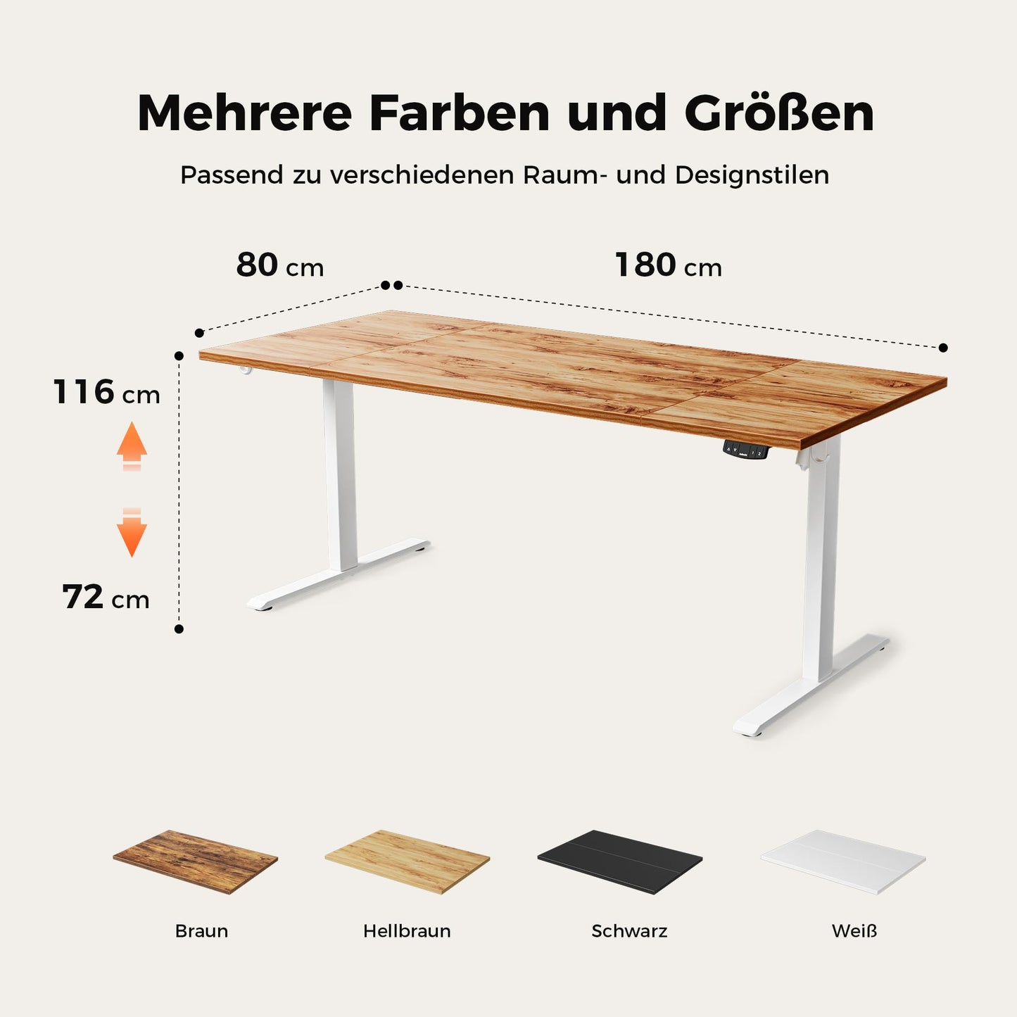 Agilestic height-adjustable desk 180 x 80 cm, stable desk height-adjustable electrically with memory hand control, ergonomic standing-sitting desk computer table, light brown.