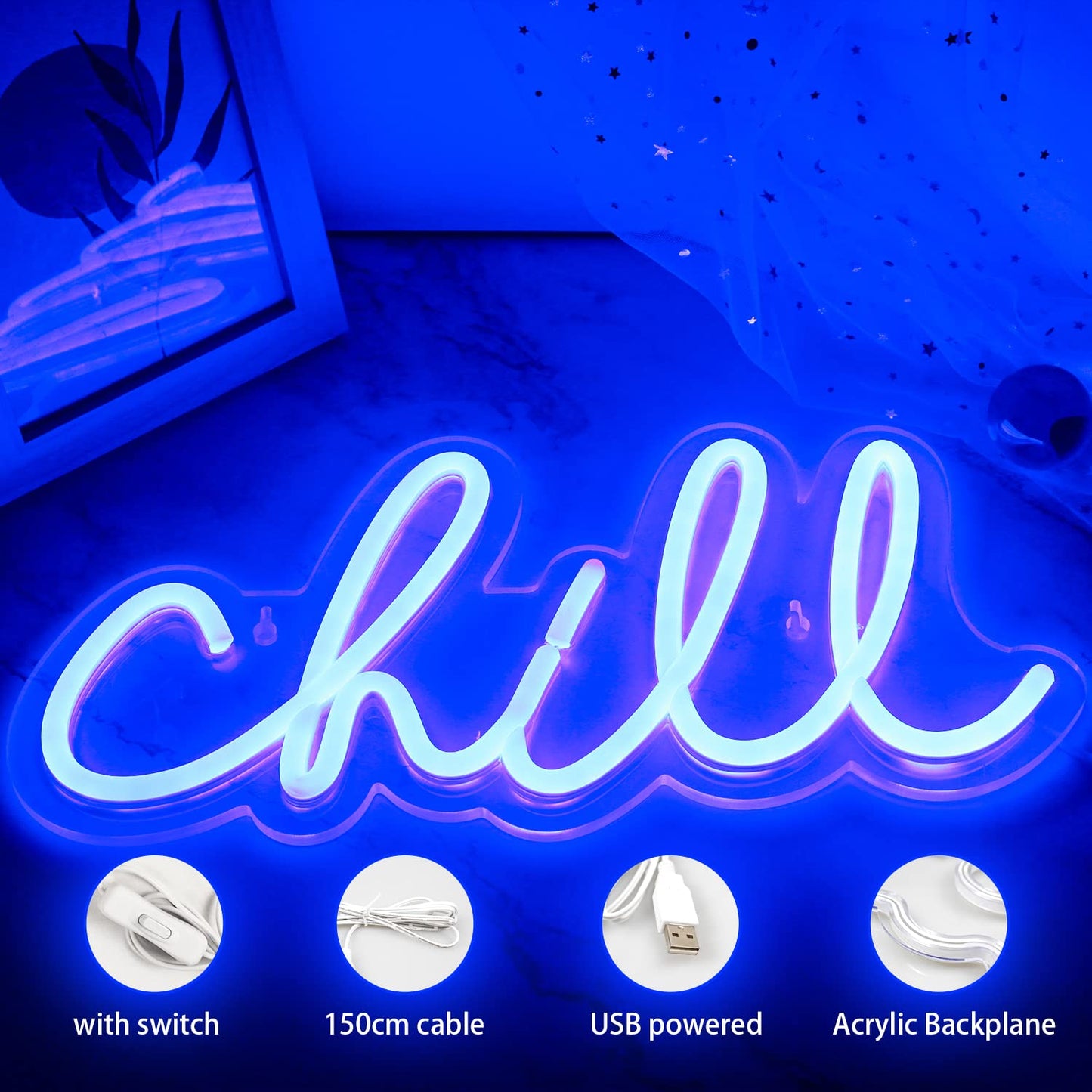 Chill neon wall light sign for wall decor. Neon light for bedroom, bar, hotel, game room.