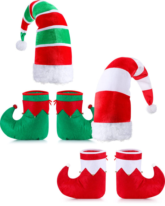Jadive 6 Piece Christmas Elf Shoes Hat Set for Adults Green White Costume Accessories Set Elf Hat Boots Elf Red Candy Shoes for Prom Costume Christmas Gifts