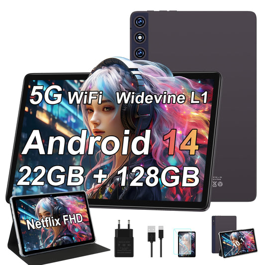 ZIOVO 10 inch tablet with 2GB RAM+128GB ROM (1TB TF), Android 14 with 5G WiFi | Widevine L1 | Octa-Core 2.0 GHz | GMS | 8000mAh | FHD 1280 * 800 | 5+8MP | BT 5.0 | AGPS | Tablet with Case - Grey