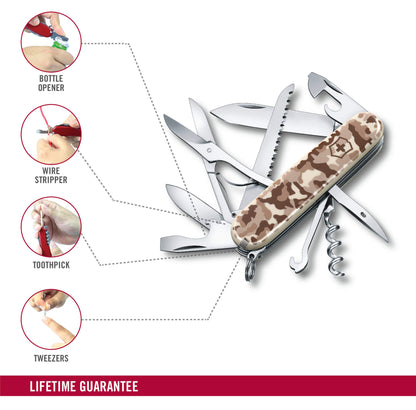 Victorinox Swiss Army Knife Huntsman, multitool with 15 functions, blade, corkscrew, can opener, foldable box, Desert Camouflage.